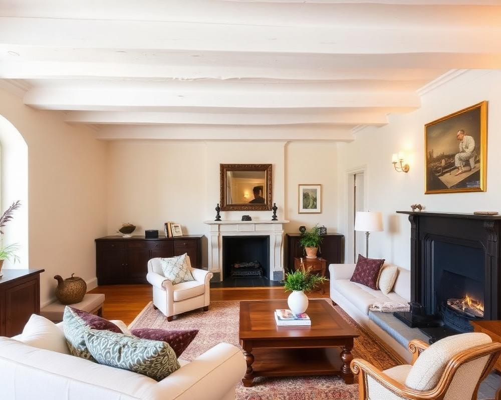 Séjour avec cheminée et poutres apparentes