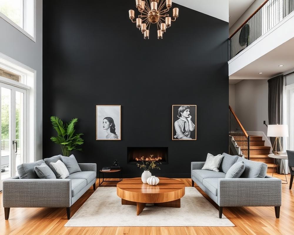 Séjour avec mur d'accent sombre